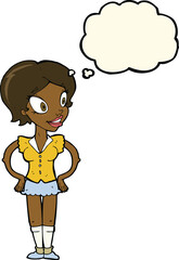 cartoon happy woman in short skirt with thought bubble