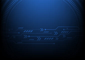 Blue background technology circuit with arrow and data moving. Modern design hi tech digital electrical lines connected.