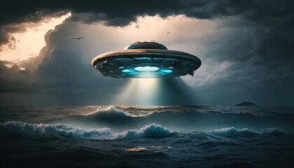 Fototapeta na wymiar Aliens spaceship illustration. UFO with light beam. generative ai