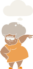 cartoon angry old woman and thought bubble in retro style