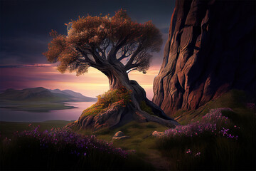 tree on top of a hill fantasy background.Generative Ai