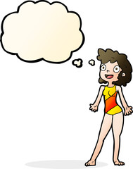 cartoon woman in swimming costume with thought bubble