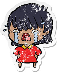 distressed sticker of a cartoon girl crying