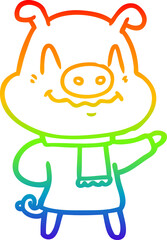 rainbow gradient line drawing nervous cartoon pig wearing scarf