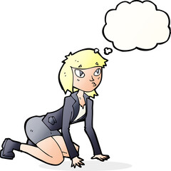 cartoon woman on hands and knees with thought bubble