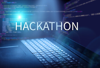 HACKATHON inscription in abstract digital background. Programming language, computer courses, training.