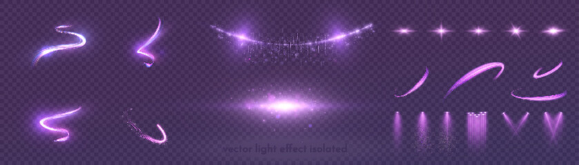 Set of light purple effect of bright lights, garlands, spotlights, comet lights. Sunlight burst. PNG raiding. - obrazy, fototapety, plakaty
