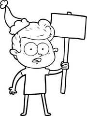 line drawing of a staring man wearing santa hat