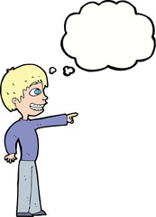cartoon grinning boy pointing with thought bubble