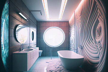 A sleek and modern futuristic bathroom interior with metallic accents, clean lines, and high-tech features, generative ai