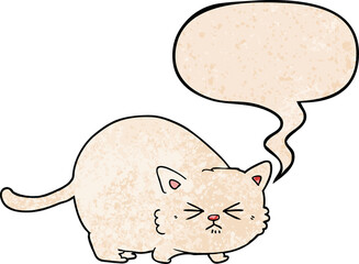 cartoon angry cat and speech bubble in retro texture style