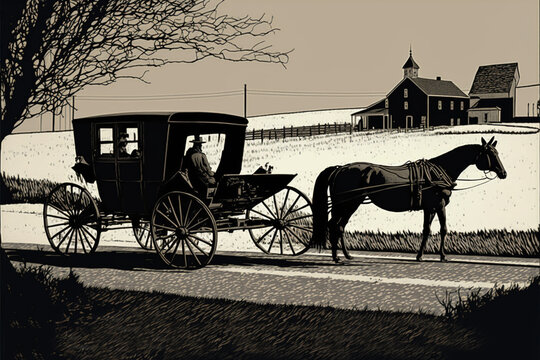 Amish Horse And Buggy In Stark Duotone Illustration.