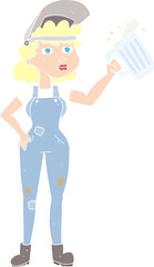 flat color illustration of a cartoon hard working woman with beer