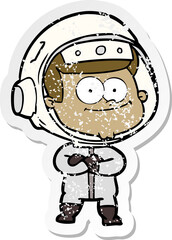 distressed sticker of a happy astronaut cartoon