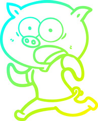 cold gradient line drawing cartoon pig running away