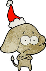 textured cartoon of a unsure elephant wearing santa hat