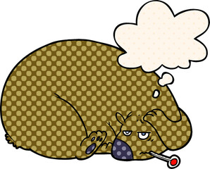 cartoon bear with a sore head and thought bubble in comic book style