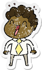 distressed sticker of a cartoon happy man