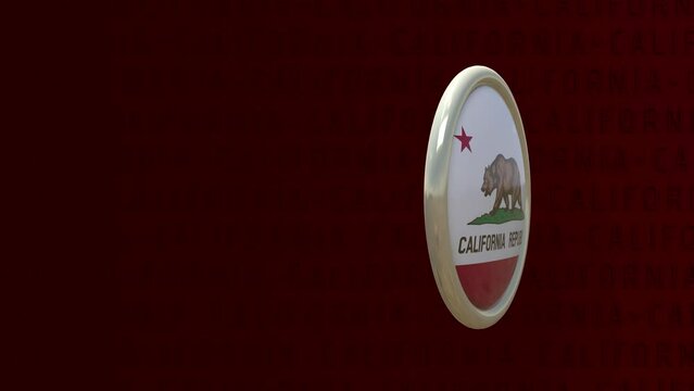 3D rotating badge with the flag of the California State on dark red background. 4k loopable video.