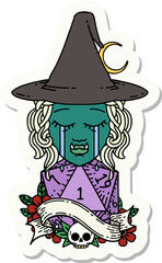 crying half orc witch character face with natural one d20 dice roll sticker