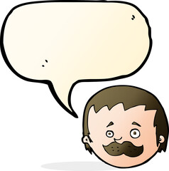 cartoon man with mustache with speech bubble
