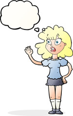 cartoon worried woman waving with thought bubble