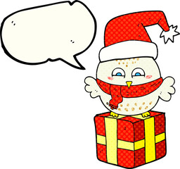 comic book speech bubble cartoon cute christmas owl on gift