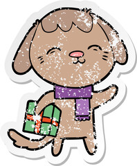 distressed sticker of a happy cartoon dog
