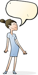 cartoon woman in dress with speech bubble