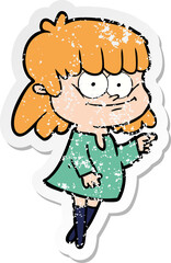 distressed sticker of a cartoon smiling woman