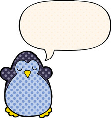 cartoon penguin and speech bubble in comic book style