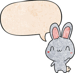 cute cartoon rabbit waving and speech bubble in retro texture style