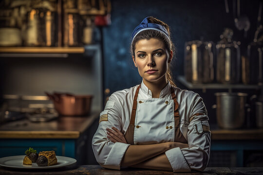 close up portrait of a female chef in a kitchen, dark background, generative ai