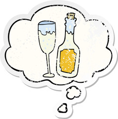 cartoon champagne bottle and glass and thought bubble as a distressed worn sticker