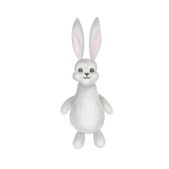 Watercolor illustration. Hand painted illustration of hare with long ears. Grey toy bunny. Cartoon rabbit. Wild animal. Easter Bunny. Isolated clip art for fabric textile, prints, posters, banners