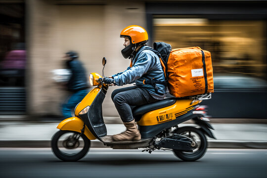 Delivery man driving scooter in the city, velocity, generative ai