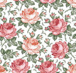 Seamless pattern Roses. Beautiful blooming realistic isolated flowers. Vintage background fabric wildflowers. Wallpaper baroque. Drawing engraving sketch Vector illustration