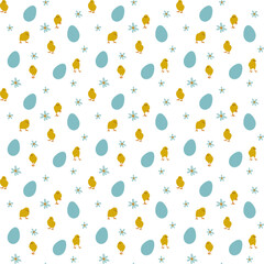 Hand drawn Easter seamless pattern, cute yellow chicken, blue eggs and flowers; great for textiles, banners, wallpaper, wrapping  design. Vector illustration.