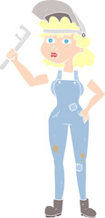 flat color illustration of a cartoon capable woman with wrench