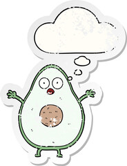 cartoon avocado and thought bubble as a distressed worn sticker