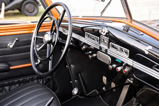 Interior of an old car Auto Union: steering wheel, dashboard, glove compartment, seats