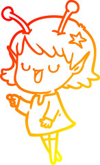 warm gradient line drawing happy alien girl cartoon