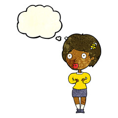 cartoon surprised woman with thought bubble