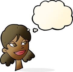 cartoon happy female face with thought bubble