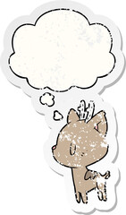 cartoon deer and thought bubble as a distressed worn sticker