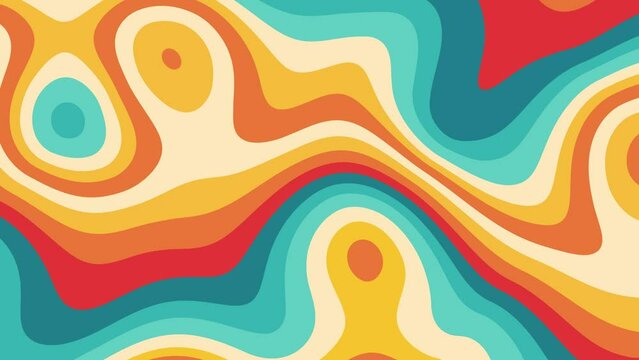 Abstract, retro, rainbow wavy, psychedelic, groovy, hippie, flat, abstract, cartoon looping background in seventies style.