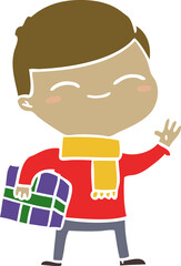 flat color style cartoon smiling boy with gift