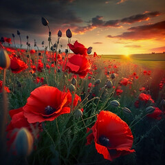 field of red poppies at sunset rememberance day Generative AI image - obrazy, fototapety, plakaty