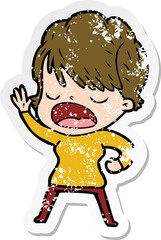 distressed sticker of a cartoon woman talking