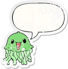 cartoon jellyfish and speech bubble distressed sticker
